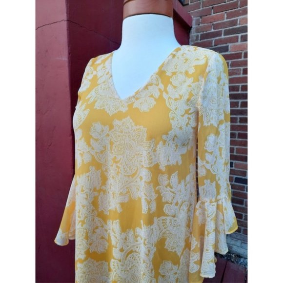 Calvin Klein Dresses & Skirts - Calvin Klein Ruffle Sleeve Chiffon Yellow Print Dress 2 Spring Summer